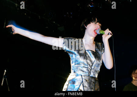 Karen O lead singer in the Yeah Yeah Yeahs performing at the Bowery ballroom, New York City, United States of America. Stock Photo