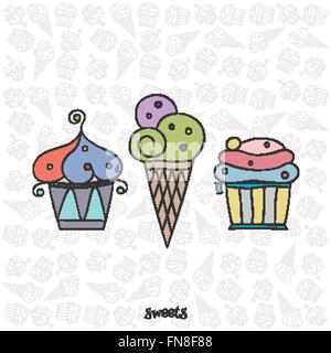 set of hand drawn ice cream icons over pastry shop seamless pattern. vector ice cream cone and cupcakes logo. vintage style bake Stock Vector