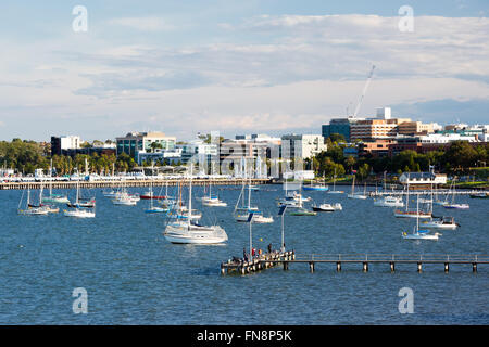 Cunningham Pier and Geelong waterfront on a warm summer's evening in Victoria, Australia Stock Photo