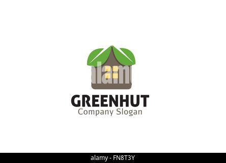 Green Hut House Logo Vector Leaves Symbol Design Illustration Stock Vector