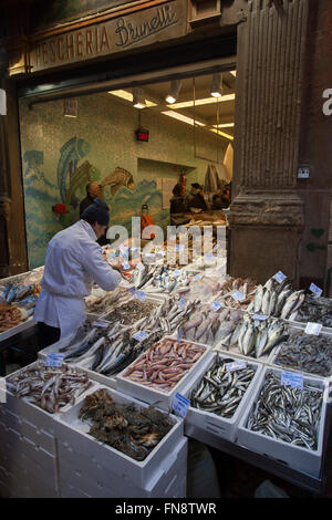 Fish shop Brunelli. Bologna old town, Emilia Romagna, Italy. Stock Photo