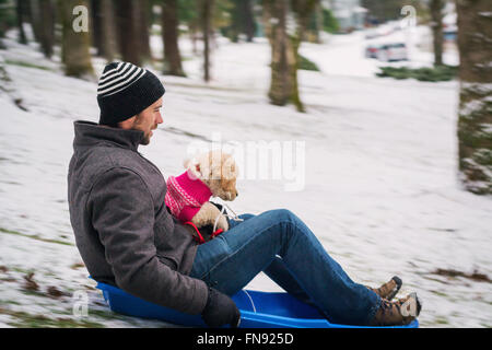 Mid adult man sitting on a sledge with a golden retriever puppy dog