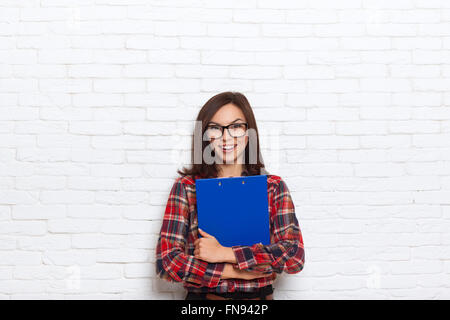 Business Woman Holding Folder Wear Glasses Checked Shirt Stock Photo