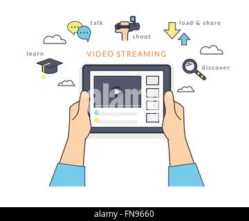 Human hand holds a tablet pc and watching a video online on the screen Stock Vector