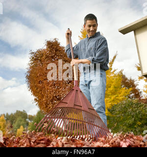A person is raking fallen leaves in a garden area during autumn. The ...