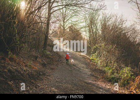 Boy taking golden retriever puppy dog for a walk in forest