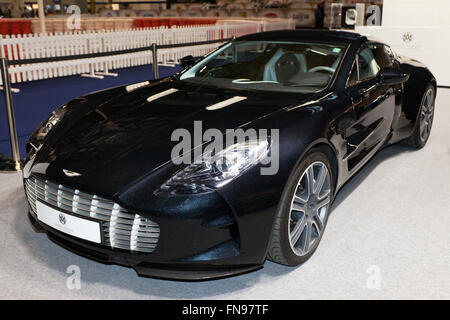 Three-quarter view of a 2011, Aston Martin ONE-77 on display on the Aston Martin Stand at the 2016 London Classic Car Show. Stock Photo