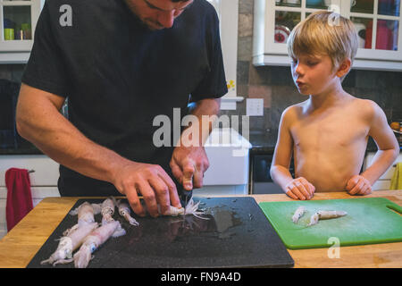 Boy watching man cleaning squid in kitchen Stock Photo