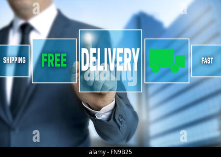 delivery touchscreen is operated by businessman. Stock Photo