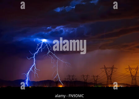 Lightning striking high voltage power lines, Tonopah, Arizona, United States Stock Photo