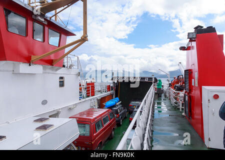 On board the small Caledonian MacBrayne car ferry, Loch Tarbert sailing the Kilbrannan Sound between Kintyre and Isle of Arran Stock Photo