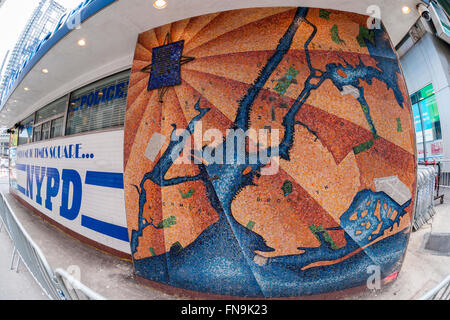 Mosaic map (western wall) of New York by the artist Edward Meshekoff adorns the exterior wall of the NYPD substation in Times Square in New York seen on Thursday, March 10, 2016. With the renovation in store for the substation the city is pondering where and how to preserve the mosaics. Prior to its life as a substation the small building was the Times Square Information Center opened in 1957 with the police taking residency in 1993. (© Richard B. Levine) Stock Photo