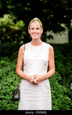 Kristin Armstrong, wife of Tour de France champion Lance Armstrong during an event in the Rose Garden of the White House August 10, 1999. Lance Armstrong presented the President with a replica bicycle he used in the race. Stock Photo