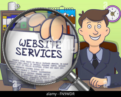 Website Services through Magnifying Glass. Doodle Concept. Stock Photo