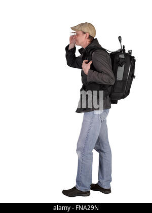 Photographer with backbag and tripod walking isolated on white background Stock Photo