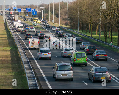 Traffic jam after accident during rush hour on motorway A1, Hilversum in the Netherlands Stock Photo