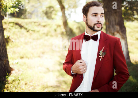 Stylish groom in tuxedo looking away suit marsala red, burgundy bow tie. Stock Photo