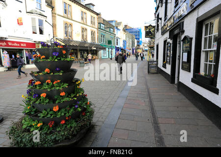 People along the main street of Keswick town, Lake District National Park, Cumbria County, England, UK Stock Photo