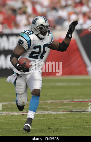 Carolina Panthers running back DeShaun Foster (26) breaks through the St.  Louis Rams defense for extra yardage during action Sunday, September 9,  2007 at Edward Jones Dome in St. Louis, Missouri. The