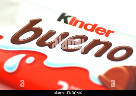 Kinder Bueno chocolate bars isolated on white background. Stock Photo