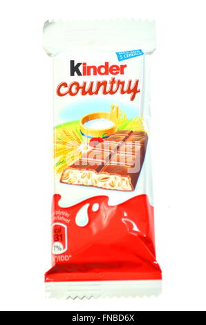 Kinder Country chocolate bar isolated on white background. Kinder Country bars are produced by Ferrero Stock Photo