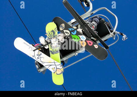 Skiers on chairlifts. La Molina ski resort, Girona province, Catalonia, Spain Stock Photo