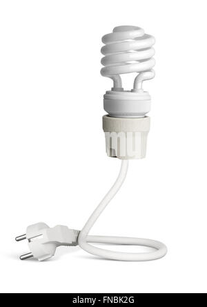Energy saving light bulb with plug isolated on white Stock Photo