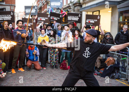 London, UK. 14th March, 2016. Amnesty International campaigners stage a circus outside the Israeli embassy to publicise the case of Mohammad Faisal Abu Sakha, a Palestinian circus performer detained without charge by the Israeli military since late 2015. Credit:  Mark Kerrison/Alamy Live News Stock Photo