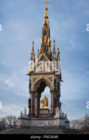 The gilded sculpture of Prince Albert, husband of Queen Victoria,is the focus of the Albert Memorial in Kensington, London, UK. Stock Photo