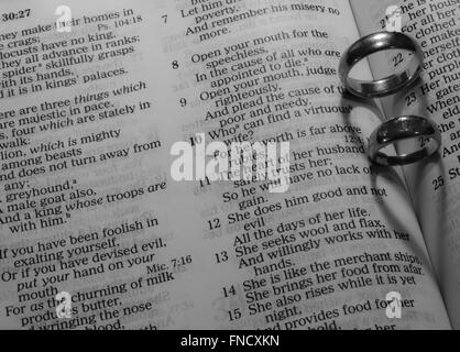 wedding rings making heart shaped shadows on bible pages Stock Photo