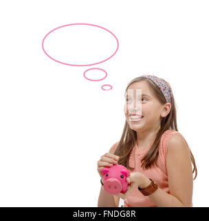 a preteen think with a piggy bank, on white Stock Photo