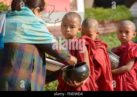 Young monks on their morning alms rounds, Bagan, Myanmar Stock Photo