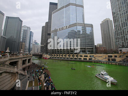 The Chicago River is dyed green by members of the plumbers union in honor of St. Patrick's Day Stock Photo