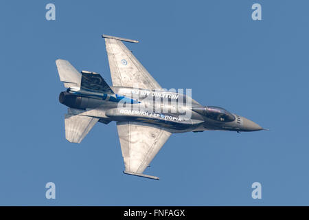 Lockheed Martin F-16 Fighting Falcon marked in the special colours of the “Zeus” display team from the Hellenic Air Force. Stock Photo