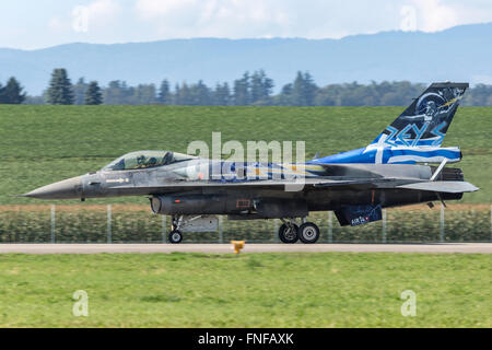 Lockheed Martin F-16 Fighting Falcon marked in the special colours of the “Zeus” display team from the Hellenic Air Force. Stock Photo