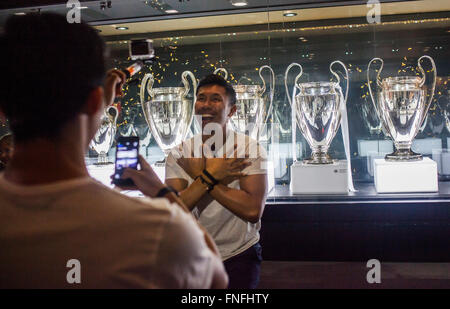 Showcase European Cups. Real Madrid Museum. Santiago Bernabeu Stadium. Madrid. Spain. Stock Photo