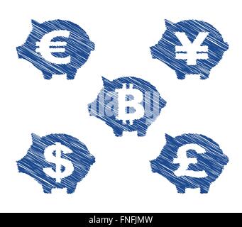 Drawing icon set with piggy bank currency symbol Stock Vector