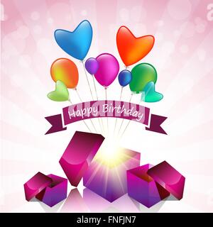 Happy Birthday card with magic gift box and colored balloon Stock Vector