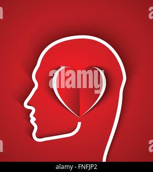 Human outline head with paper red heart on red background .The person in love concept Stock Vector