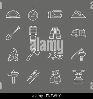 Camping equipment and travel icons set - campsite Stock Vector