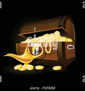 Treasure chest of coins and Aladdin's magic lamp Stock Vector