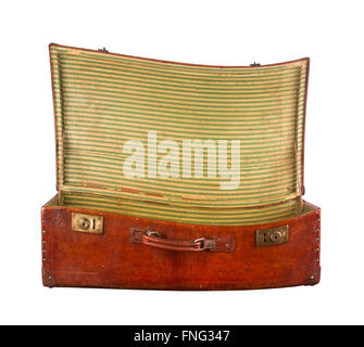 Twisted open vintage suitcase view from the front isolated on white background Stock Photo