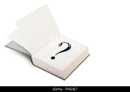 An open hard cover book with blank pages with the question mark sign written on the right page. Isolated on white background. Stock Photo
