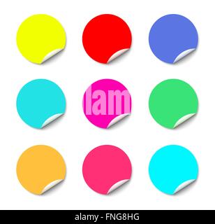 Color round stickers with curled edge vector template isolated on white background. Stock Vector