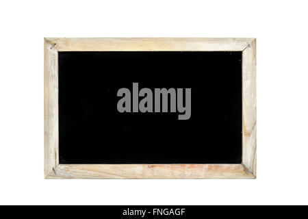 a blank blackboard with a rustic wooden frame on a white background Stock Photo
