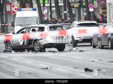 Berlin, Germany. 15th Mar, 2016. A damaged car on Bismarckstrasse in Berlin, Germany, 15 March 2016. The driver died when an explosion occurred in the vehicle while it was moving. PHOTO: PAUL ZINKEN/DPA/Alamy Live News Stock Photo