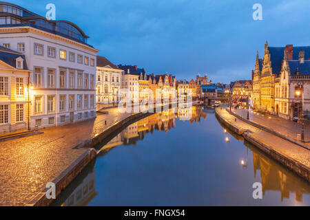 Old Town in the evening, blue hour, Ghent, Belgium Stock Photo