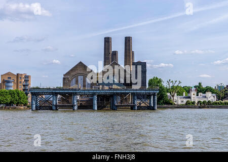 Greenwich Power station and old coal jetty pier on the river Thames, London Borough of Greenwich, South East London, UK Stock Photo