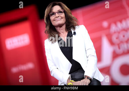 Former Alaskan Governor Sarah Palin addresses the annual American Conservative Union CPAC conference at National Harbor February 26, 2015 in Oxon Hill, Maryland. Stock Photo
