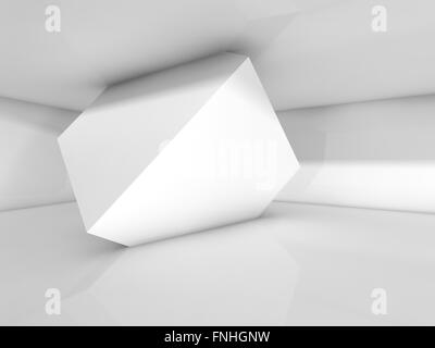 Abstract interior design, white cube installation in empty room. Modern architecture background, 3d illustration Stock Photo
